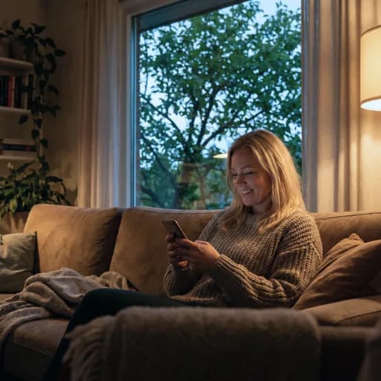 Kvinne sitter i sofaen og sammenligner bredbåndsabonnementer på mobilen
